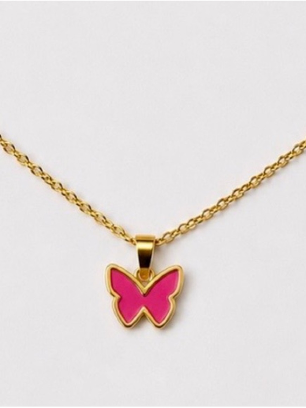 Pink Butterfly Pendant Necklace Gold Tone Stainless Steel Dainty NWT